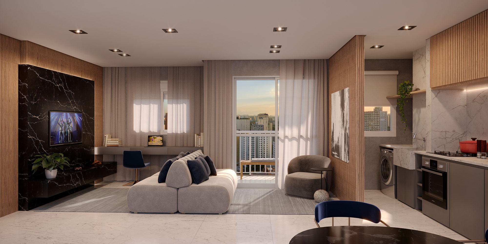 Living com Sala Ampliada do Apartamento de 56m² do VIVA BENX STAR CONCEICAO 2